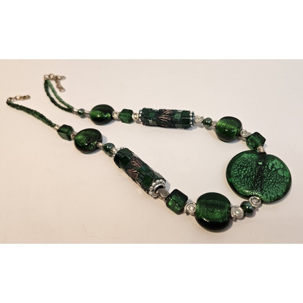 Chunky Blue Green Glass Lava Beads Necklace